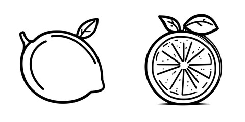 Illustrations of a lemon and orange showcasing fresh citrus fruits with leaves in a simple black vector style