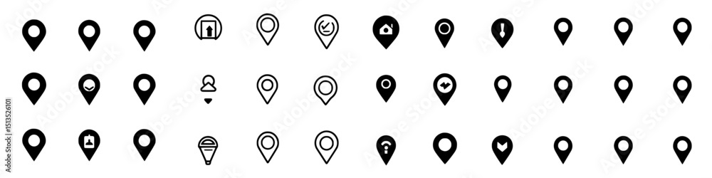 Poster vector icons representing various location markers and symbols used for navigation and mapping appli
