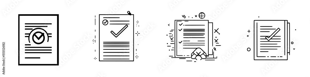 Poster black vector icons representing documents with checkmarks and symbols for completion and verificatio
