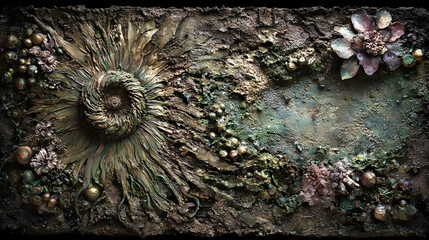 cover design for speculative fiction | symbolic entropy | ritual intensity | mud brown and moss green | organic visual chaos | ritual objects | fantastic organism layering | grattage | naturalist