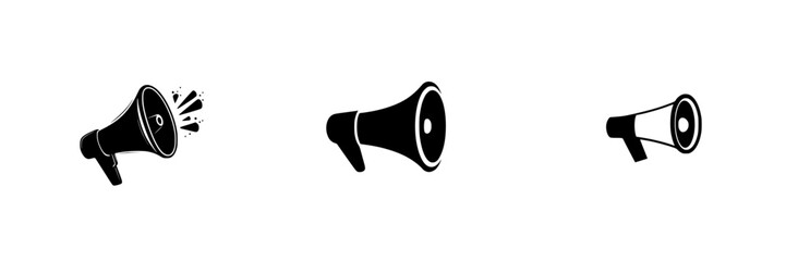 Black vector icons of megaphones representing audio announcements and communication tools commonly used in various activities