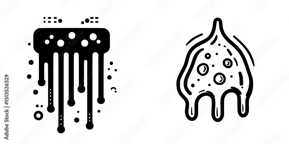 Poster black vector icon representing abstract shapes with drips and droplets in a minimalistic style