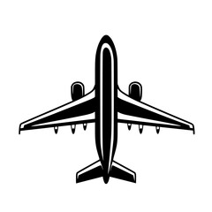 Black vector icon of an airplane viewed from above for travel and transportation themes