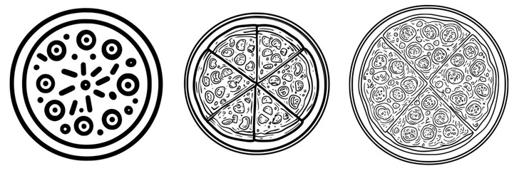 Delicious black vector icons showcasing different styles of pizza with various toppings and sliced segments