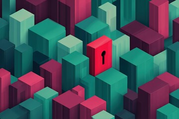 Obraz premium Colorful geometric blocks with a red keyhole in a vibrant digital landscape, symbolizing security and access in technology