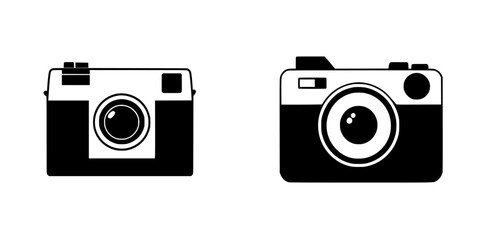 Black vector icons of two distinct camera designs showcasing photography equipment for creative professionals