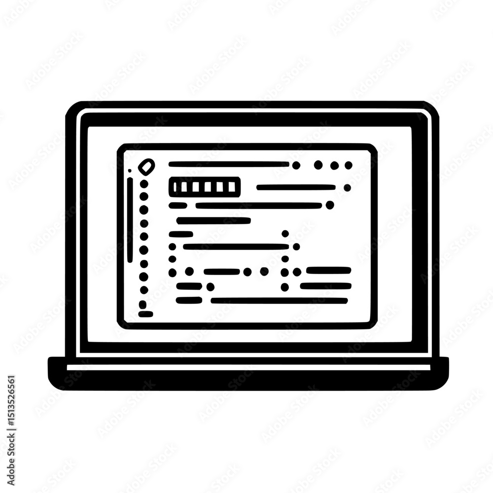 Poster black vector icon of a laptop displaying code on the screen, suitable for technology and programming