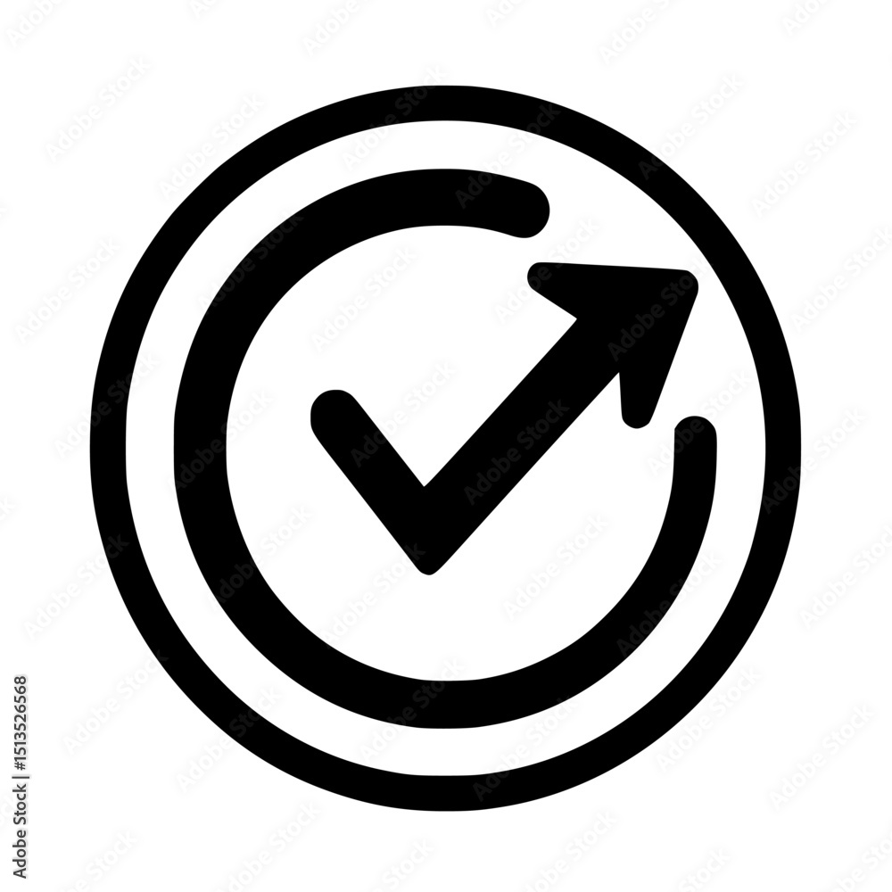Poster vector icon of a check mark inside a circular outline indicating completion and approval in black de