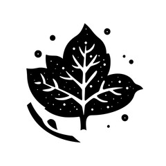 Black vector illustration of a detailed leaf design with intricate vein patterns and stylized bubbles in a minimalistic style