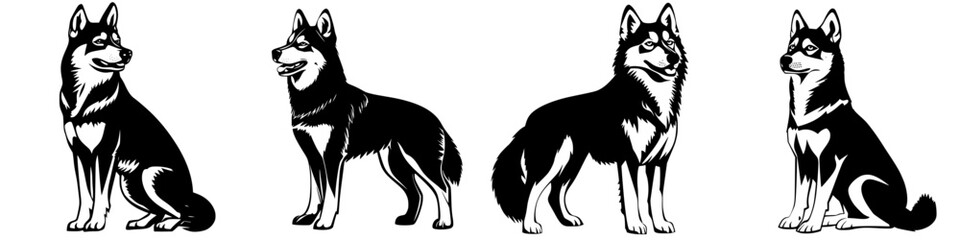 Black vector icons of Siberian Huskies in various poses showcasing their playful and loyal nature