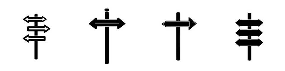 Directional sign icons for navigation and guidance in various formats and styles representing choices and paths