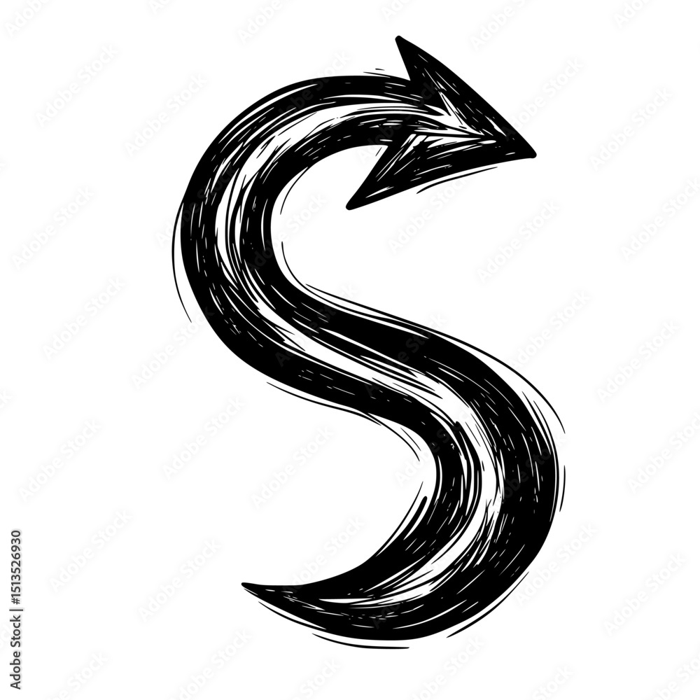 Poster curvy black vector icon featuring an abstract s-shaped arrow pointing right in a dynamic motion styl