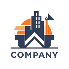 Obraz premium Abstract building silhouette with sunset vector logo illustration