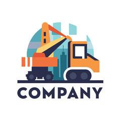 Naklejka premium Construction truck logo with urban skyline in simple shapes