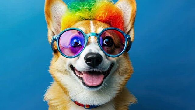 Energetic corgi with rainbow hair and glasses showing cheerful expressions
