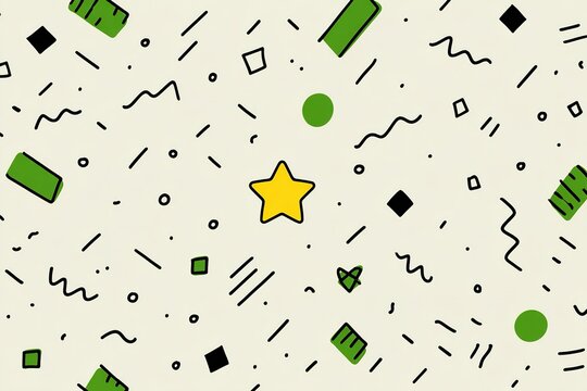 Colorful abstract pattern with geometric shapes and playful designs featuring a yellow star on a light background