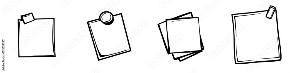 Poster black vector icon representing different styles of sticky notes arranged in a row on a white backgro