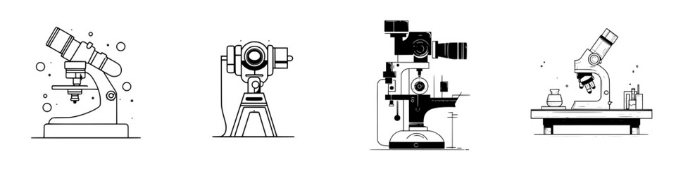 Black vector icons illustrating different types of microscopes arranged in a row for educational and scientific purposes