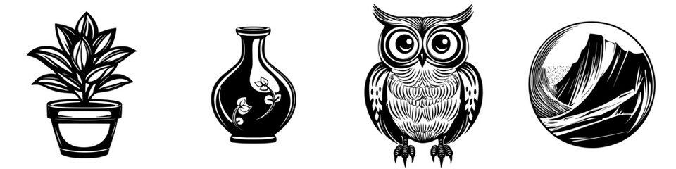 Stylized black vector icons representing nature, pottery, wildlife, and landscapes
