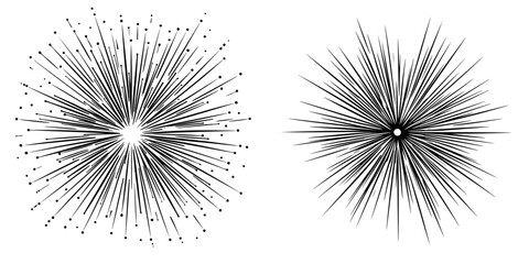 Obraz premium Dynamic black vector icons representing starburst designs with varying line lengths and thicknesses for graphic use