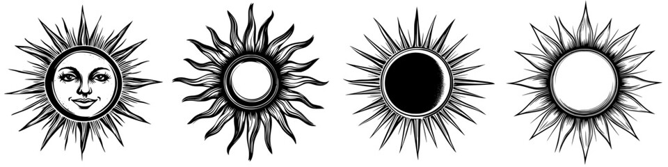 Black vector icons representing different sun designs showcasing creative variations in patterns and styles for artistic purposes