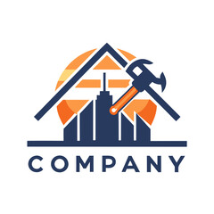 Construction company logo with hammer and city skyline view
