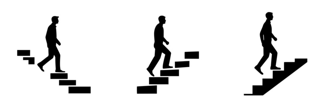 Vector icon set depicting a person walking up stairs representing progress and movement in an urban setting