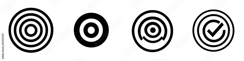 Poster vector black icons representing concentric circles and verification symbols with clear design for di