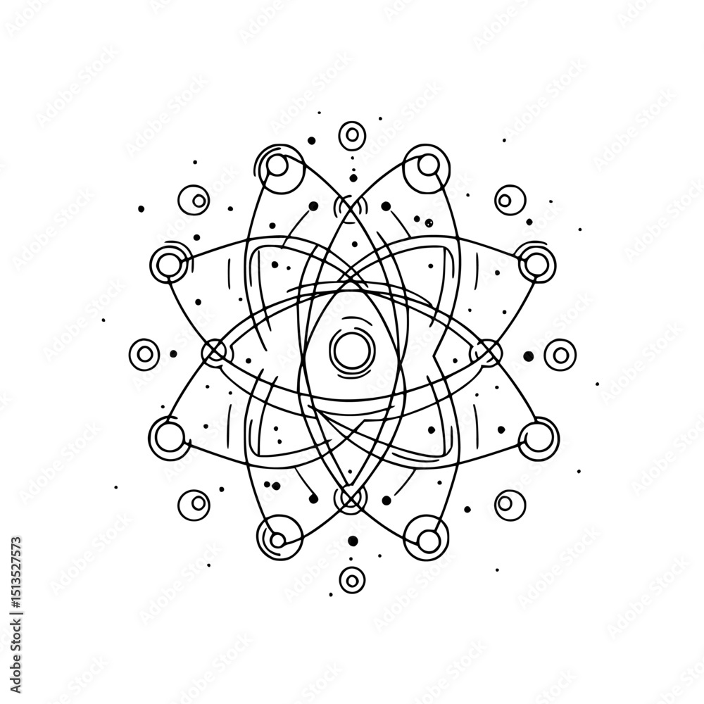 Poster abstract black vector icon representing a complex atom design with interconnected elements and circu