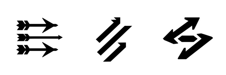 Three black vector icons representing directional arrows illustrating various movement concepts and navigation designs