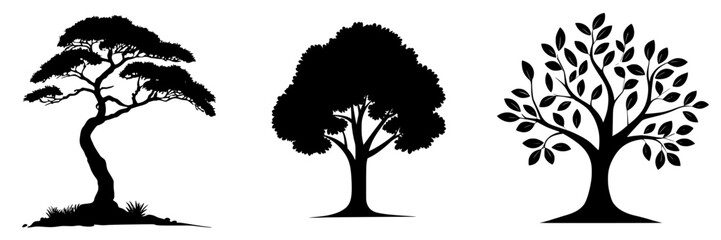 Fototapeta premium Black vector icons representing three distinct tree silhouettes against a plain background, showcasing variations in tree shapes and leaf styles