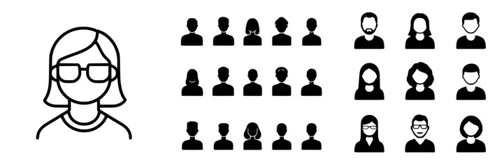 Vector icon featuring diverse silhouettes of people and a central figure wearing glasses in a modern design style