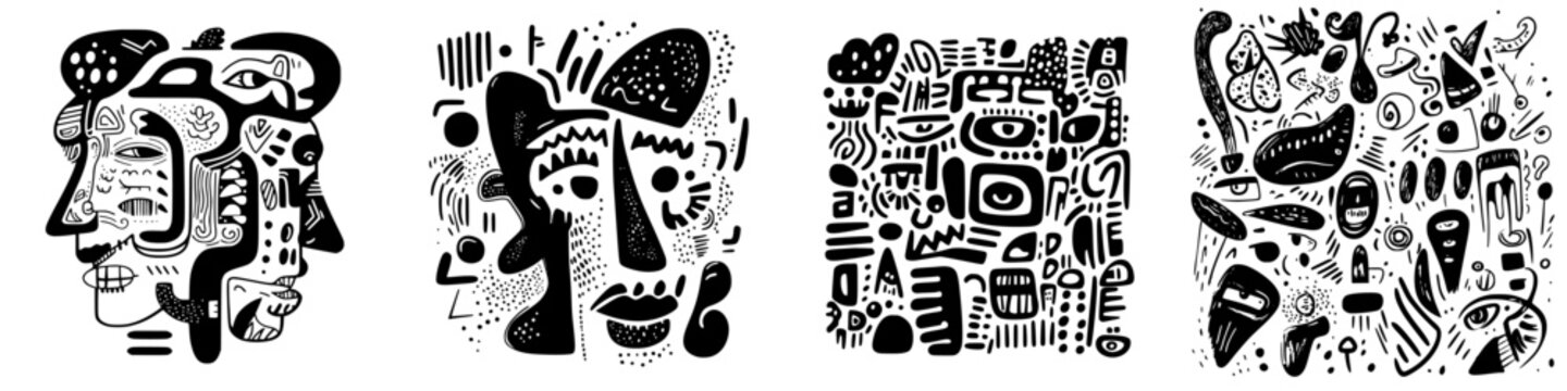 Unique black vector icon collection showcasing abstract and artistic patterns with faces and forms in a minimalist design