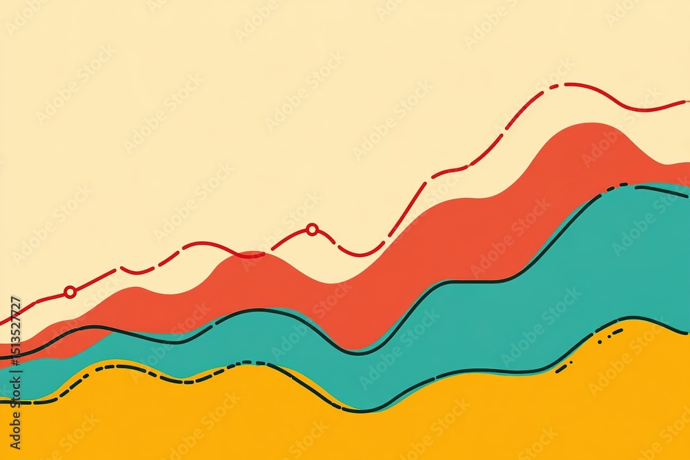 Poster colorful abstract data visualization with layered lines representing trends and metrics in a minimal