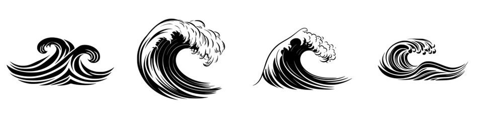 Black vector icons depicting various styles of ocean waves for design and illustration purposes