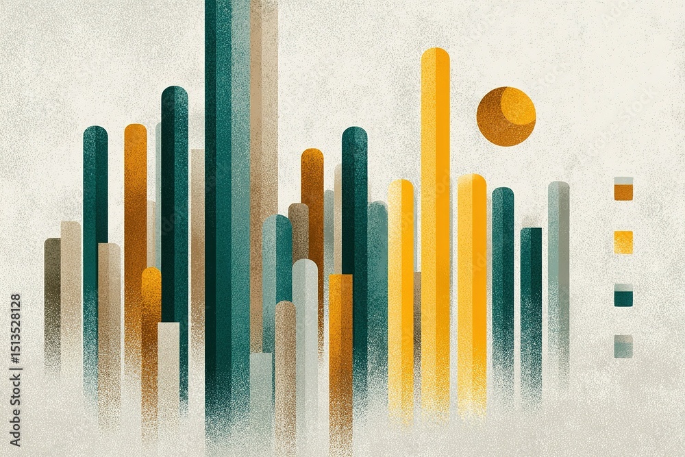 Poster abstract colorful vertical bars and circles create a vibrant visual representation of data in an art