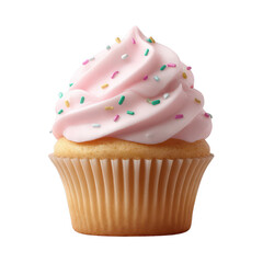 A delicious cupcake with fluffy pink frosting and colorful sprinkles, presented on a white background, perfect for dessert lovers and food marketing.