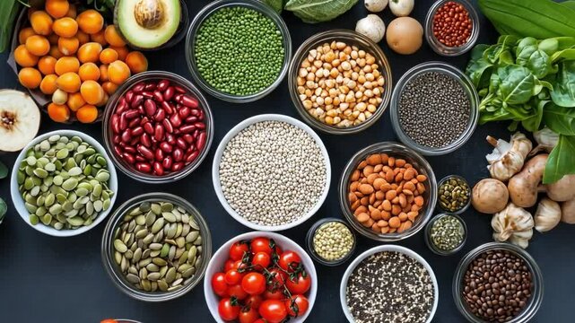 Burst of freshness: diverse array of colorful vegetables and seeds in vibrant patterns