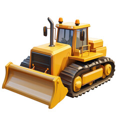 Fototapeta premium Cartoon yellow bulldozer with blade and lights, front view, on isolate background
