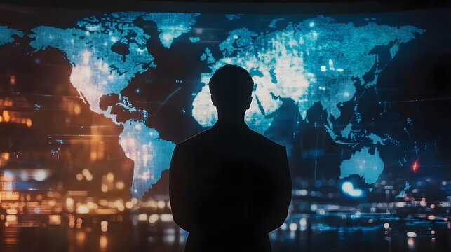 An entrepreneur overlooking a digital map of global expansion