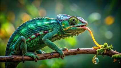 Obraz premium A Vibrant Green Chameleon with Striking Coloration Gracefully Perched on a Branch Extends its Long, Sticky Tongue to Capture Prey in a Lush, Verdant Forest Habitat