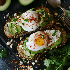 A Crunchy Avocado Toast with Poached Eggs and Chili