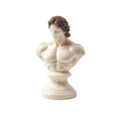 Obraz premium A detailed bust sculpture showcasing a muscular figure with flowing hair, crafted in a cream-colored material, isolated on a white background, ideal for art and decor themes.