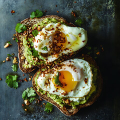 A Crunchy Avocado Toast with Poached Eggs and Chili