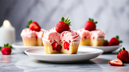 soft pink strawberry cupcake on a small plate, healthy strawberry cupcake food product, strawberry fruit topping, front view, close up