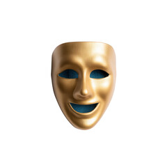 A golden theatrical mask with a smiling expression, isolated on a white background, representing joy, arts, and performance.