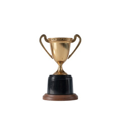 A golden trophy with black and wooden base, suited for achievements and awards, isolated on a white background.
