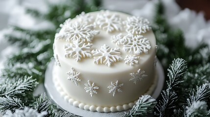 A winter themed cake adorned with sugar snowflakes surrounded by frosted evergreen branches