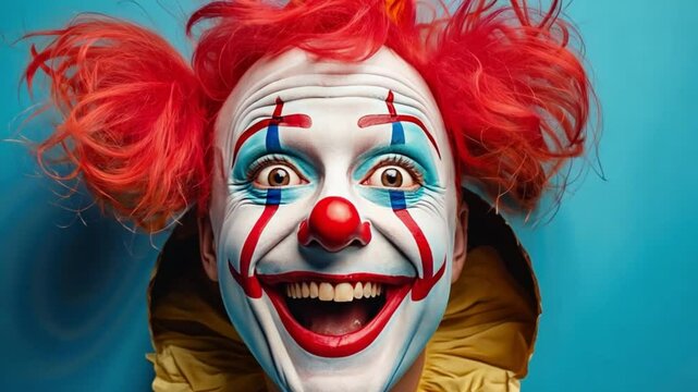 Colorful clown expressing joyful emotions with animated facial expressions on blue background