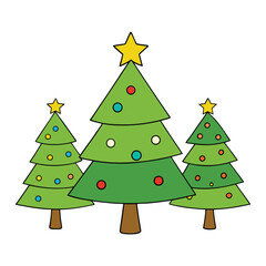 Bright, cheerful cartoonish Christmas trees with colorful ornaments, twinkling lights, and star toppers, spreading festive joy and holiday magic in a playful style.
